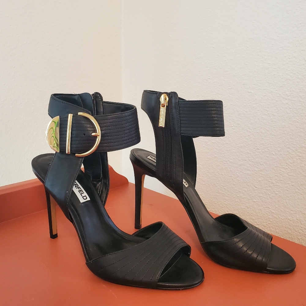 Karl Lagerfeld Paris Black Leather Peep Toe Heel